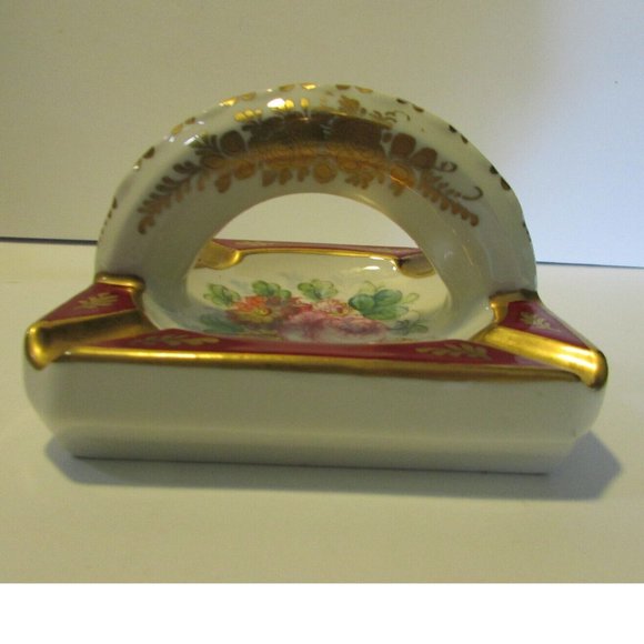 vintage floral ashtray burgundy gold edge handle holds 9 cigarettes France - Picture 2 of 9
